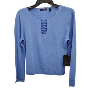 Cyrus Women's Blue Crochet Cage‎ Neck Rayon Blend Long Sleeve Knit Blouse NWT M